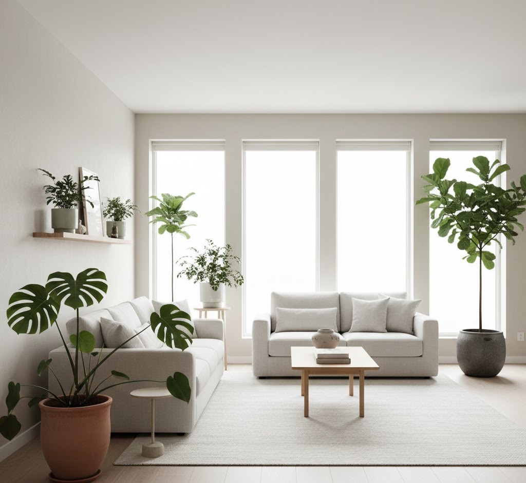 Minimalistisk vardagsrum med tropiska växter